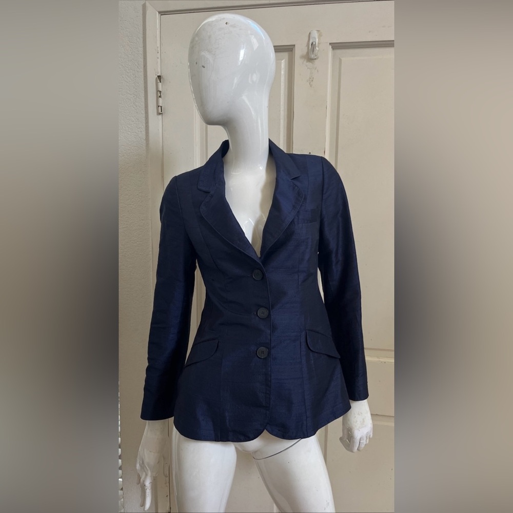 KATHERINE HOOKER LONDON NEW! Navy Blue Raw Silk Fitted Lined Blazer Sz UK 10